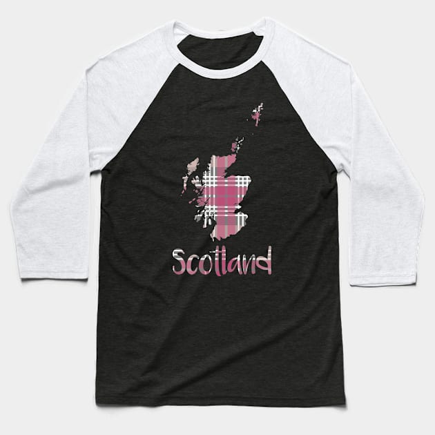 Scotland Pink, White and Grey Tartan Map Typography Design Baseball T-Shirt by MacPean